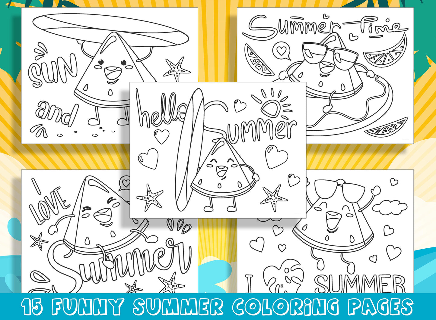 Sun, Sand, and Scribbles: 15 Funny and Cute Summer Coloring Pages, PDF File, Instant Download