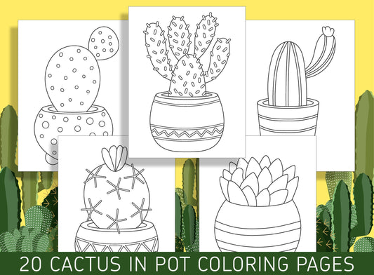 Cute and Spiky: 20 Potted Cactus Coloring Pages, PDF File, Instant Download