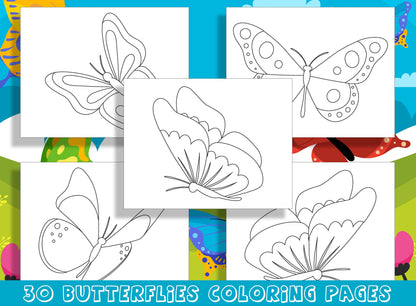 Fluttering Fun: 30 Delightful Butterfly Coloring Pages for Preschool and Kindergarten Kids, PDF File, Instant Download