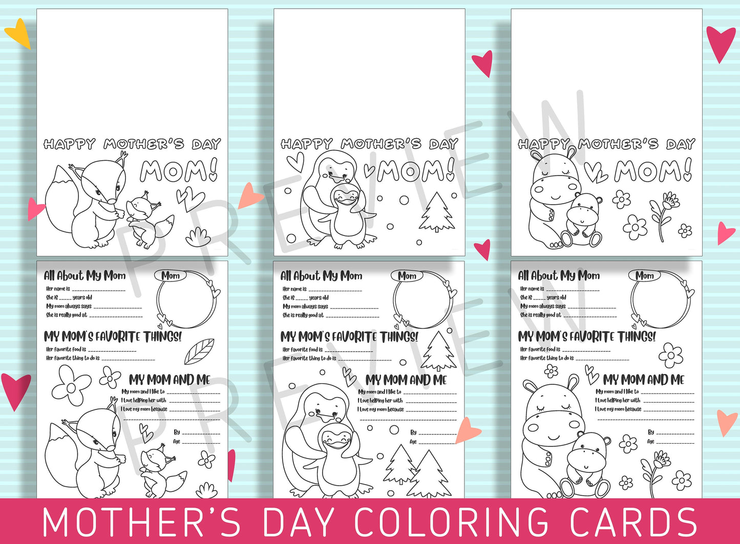 Color Your Love for Mom: Printable Mother's Day Coloring Cards, 6 Designs, PDF File, Instant Download