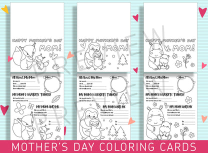 Color Your Love for Mom: Printable Mother's Day Coloring Cards, 6 Designs, PDF File, Instant Download
