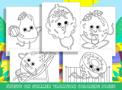 Fruits Characters on Summer Vacation Coloring Pages, Perfect for Preschool and Kindergarten, PDF File, Instant Download