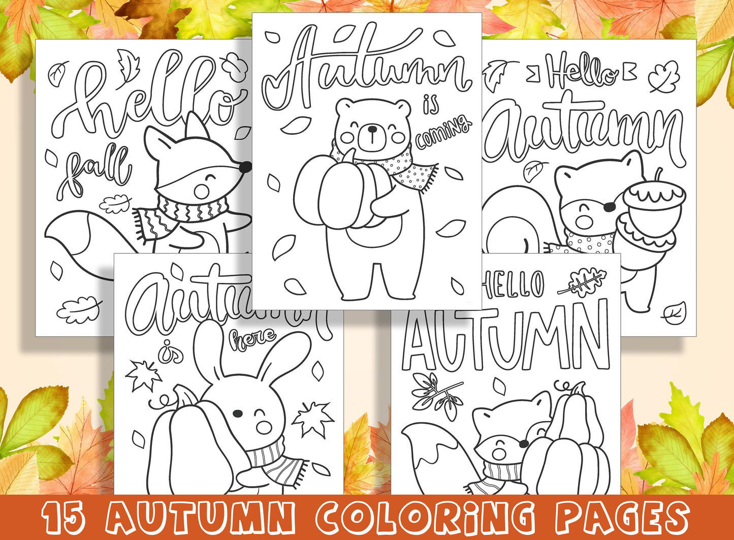 15 Beautiful Autumn Coloring Pages for Preschool and Kindergarten Kids, PDF File, Instant Download