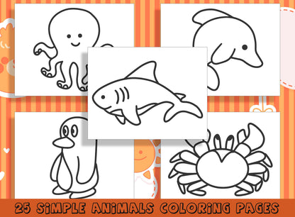 25 Simple Animal Coloring Pages for Preschool and Kindergarten, PDF File, Instant Download