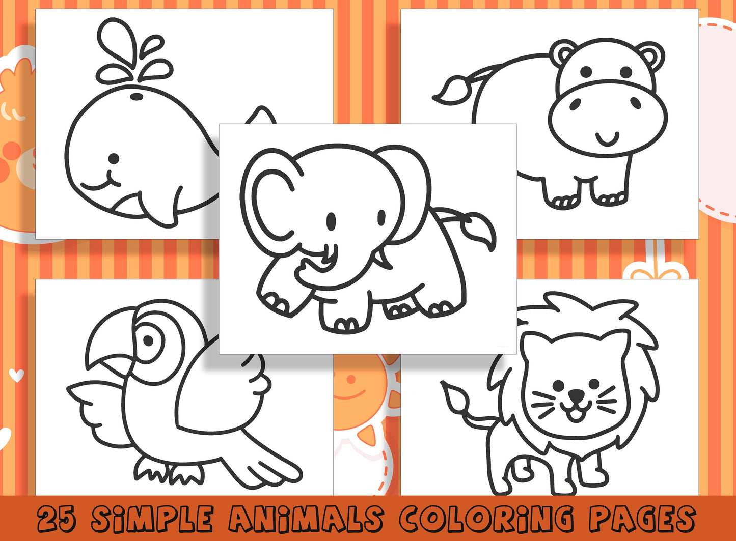 25 Simple Animal Coloring Pages for Preschool and Kindergarten, PDF File, Instant Download
