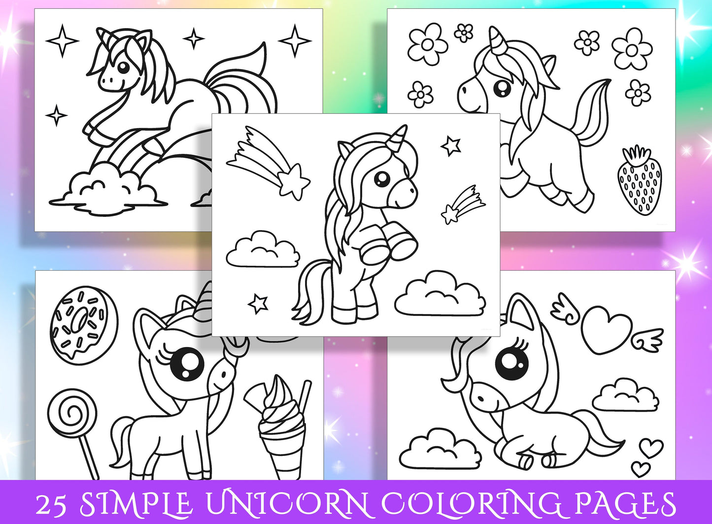 Simple Unicorn Coloring Pages: 25 Simple Designs for Preschool and Kindergarten, PDF File, Instant Download