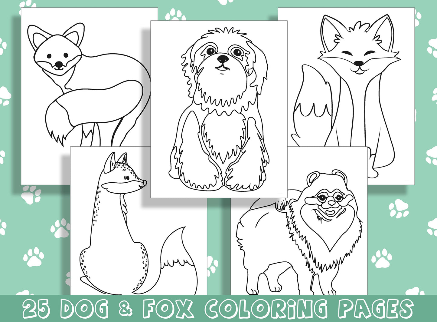 Dog and Fox Coloring Book, Adorable Canines and Cunning Foxes: 25 Coloring Pages for Animal Lovers, PDF File, Instant Download