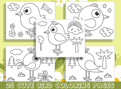Cute Bird Coloring Pages: 25 Adorable Designs for Preschool and Kindergarten - PDF File, Instant Download