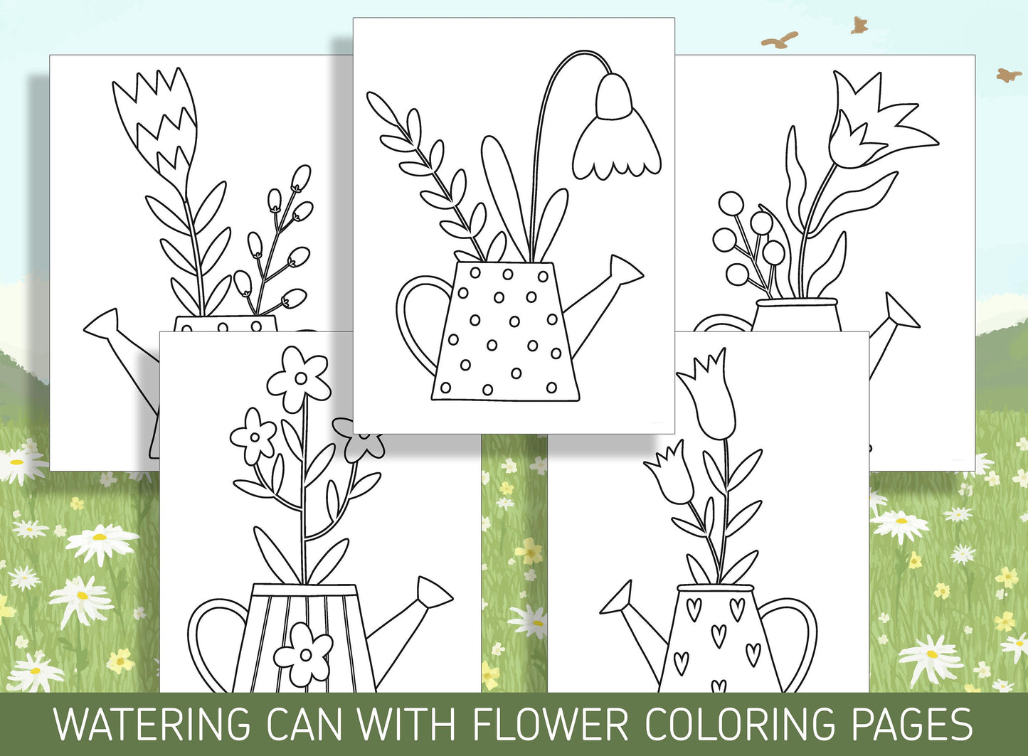 15 Beautiful Watering Can with Flower Coloring Pages for a Relaxing Activity, PDF File, Instant Download