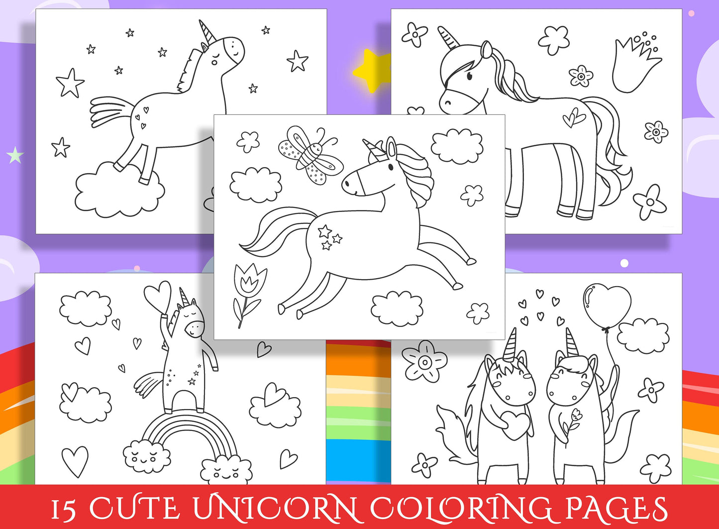 Cute Unicorn Coloring Pages for Preschool and Kindergarten: 15 Adorable Designs to Spark Imagination, PDF File, Instant Download