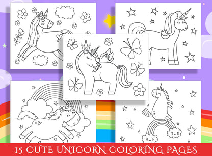 Cute Unicorn Coloring Pages for Preschool and Kindergarten: 15 Adorable Designs to Spark Imagination, PDF File, Instant Download