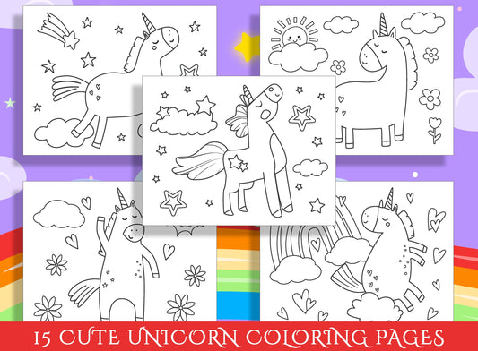 Cute Unicorn Coloring Pages for Preschool and Kindergarten: 15 Adorable Designs to Spark Imagination, PDF File, Instant Download