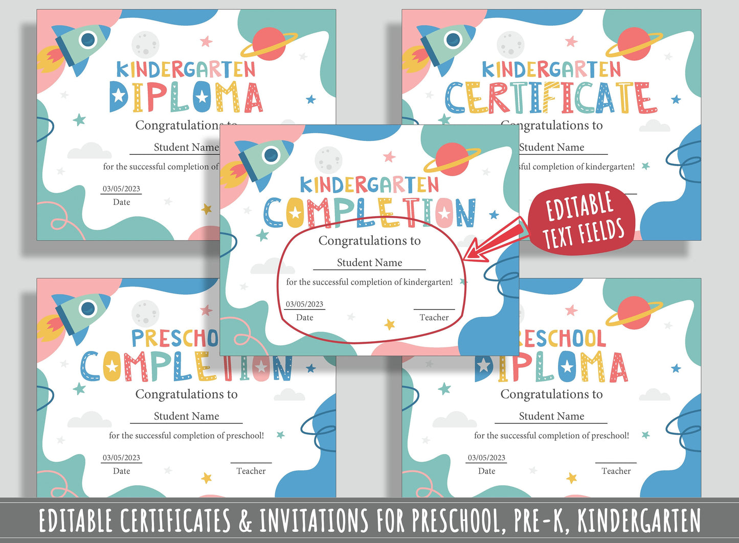 Customizable Preschool, Pre-K, and Kindergarten Graduation Diplomas, Certificates and Invitations Template - 37 PDF Pages, Instant Download
