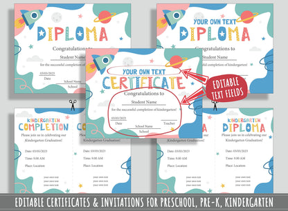 Customizable Preschool, Pre-K, and Kindergarten Graduation Diplomas, Certificates and Invitations Template - 37 PDF Pages, Instant Download