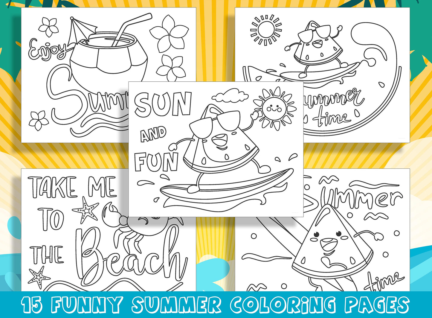 Sun, Sand, and Scribbles: 15 Funny and Cute Summer Coloring Pages, PDF File, Instant Download