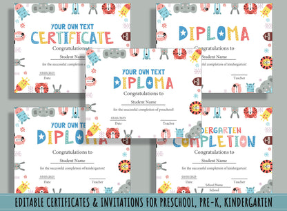 Kindergarten and Preschool Diploma, Certificate, and Invitation Collection, 37 Editable Pages, PDF File, Instant Download