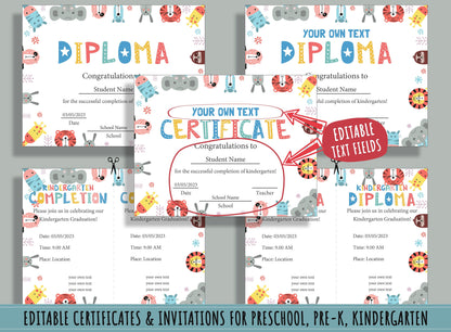 Kindergarten and Preschool Diploma, Certificate, and Invitation Collection, 37 Editable Pages, PDF File, Instant Download