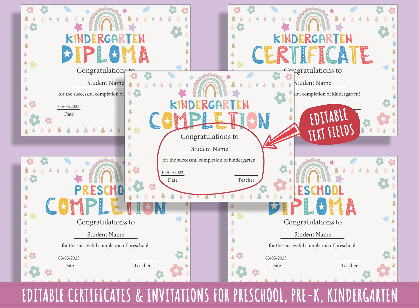 Diploma, Certificate, and Invitation Templates for Kindergarten and Preschool Graduation: A Colorful Rainbow Theme, 37 Editable Pages, PDF