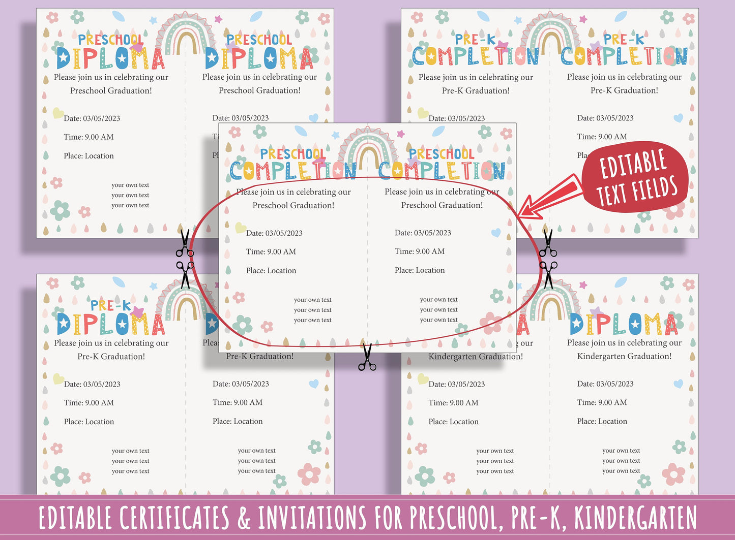 Diploma, Certificate, and Invitation Templates for Kindergarten and Preschool Graduation: A Colorful Rainbow Theme, 37 Editable Pages, PDF