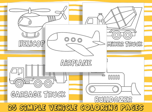 25 Fun and Easy Vehicles Coloring Pages for Preschool and Kindergarten, PDF File, Instant Download