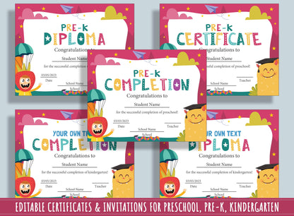Colorful Pre-K Diploma, Certificate, and Invitation Templates - 37 Editable Pages, PDF File, Instant Download
