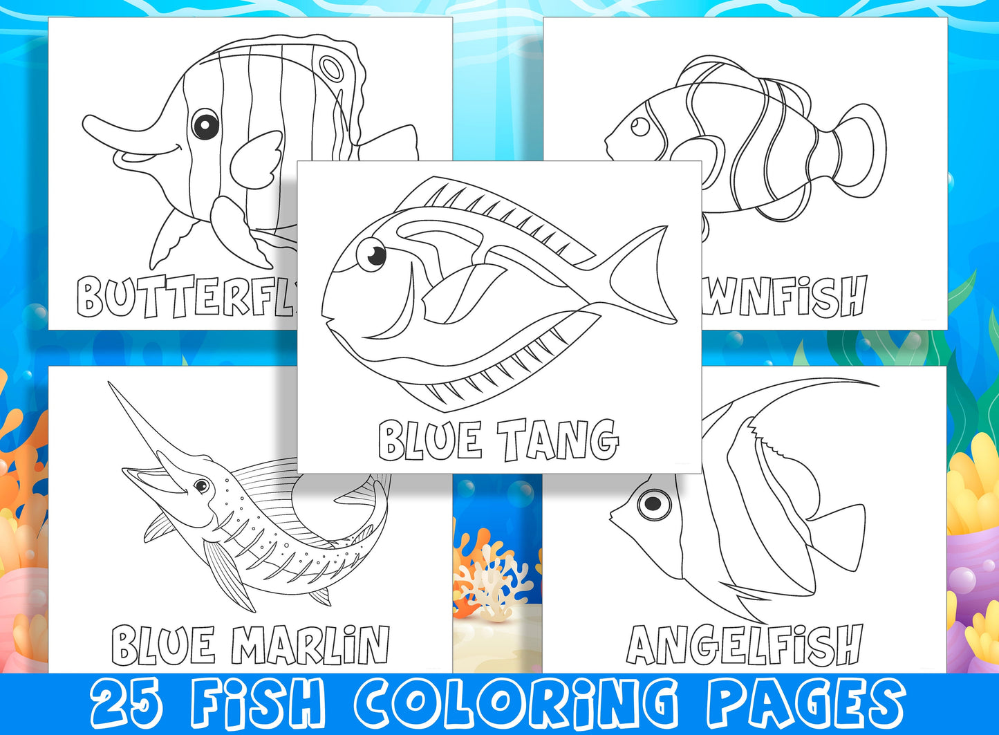 Fish Coloring Pages, 25 Colorful Pages of Underwater Friends to Color and Name, PDF File, Instant Download