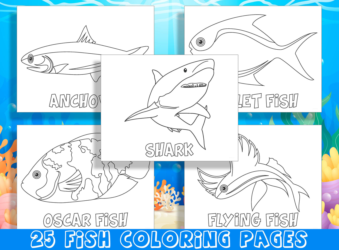 Fish Coloring Pages, 25 Colorful Pages of Underwater Friends to Color and Name, PDF File, Instant Download