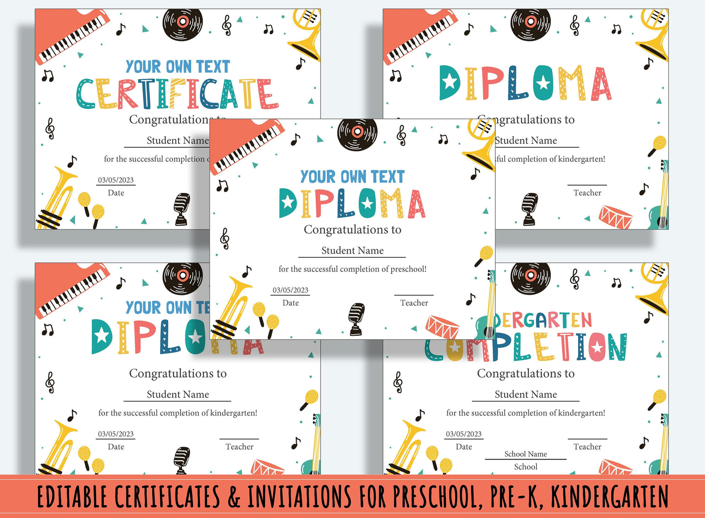 Customizable Diplomas, Certificates, and Invitations for Preschool and Kindergarten Graduations - 37 Pages, PDF File Instant Download