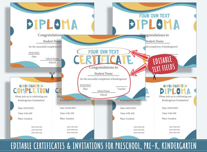Customizable Modern Diplomas, Certificates, and Invitations for Preschool and Kindergarten Graduations, 37 Pages, PDF File Instant Download