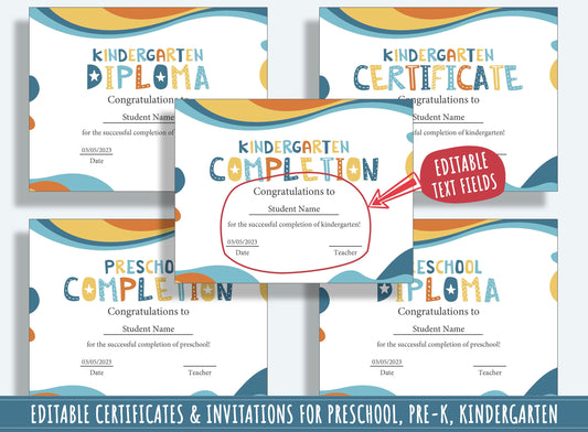 Customizable Modern Diplomas, Certificates, and Invitations for Preschool and Kindergarten Graduations, 37 Pages, PDF File Instant Download