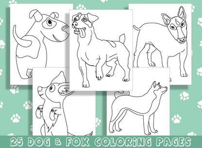 Dog and Fox Coloring Book, Adorable Canines and Cunning Foxes: 25 Coloring Pages for Animal Lovers, PDF File, Instant Download