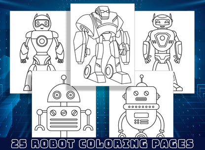 25 Fun Robot Coloring Pages for Preschool and Kindergarten Kids, PDF File, Instant Download