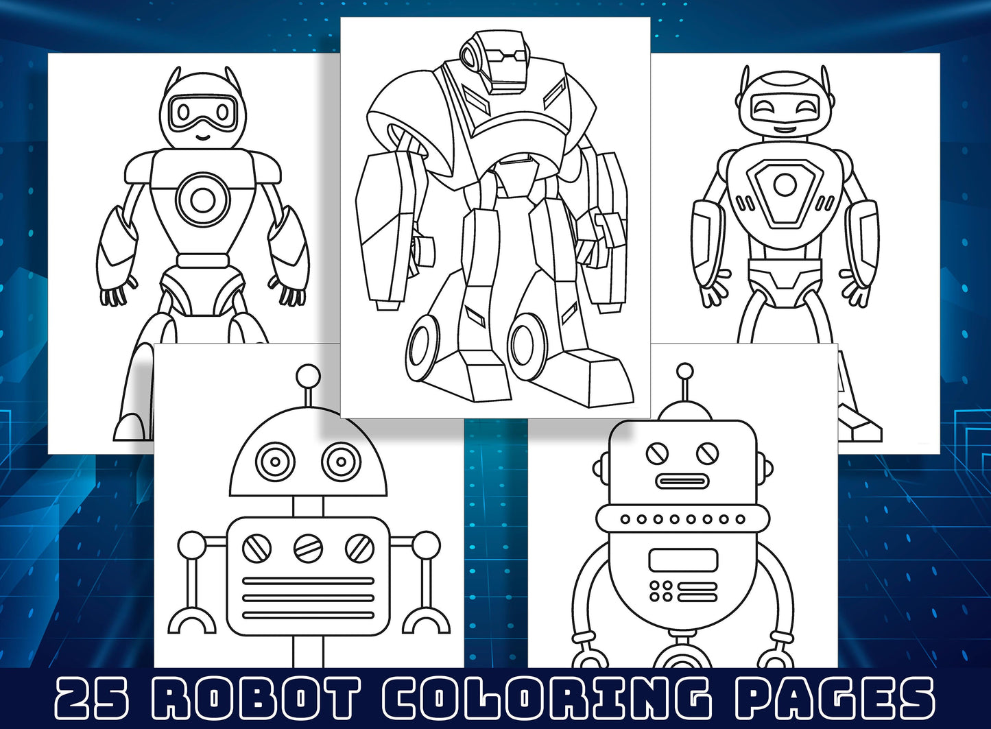 25 Fun Robot Coloring Pages for Preschool and Kindergarten Kids, PDF File, Instant Download