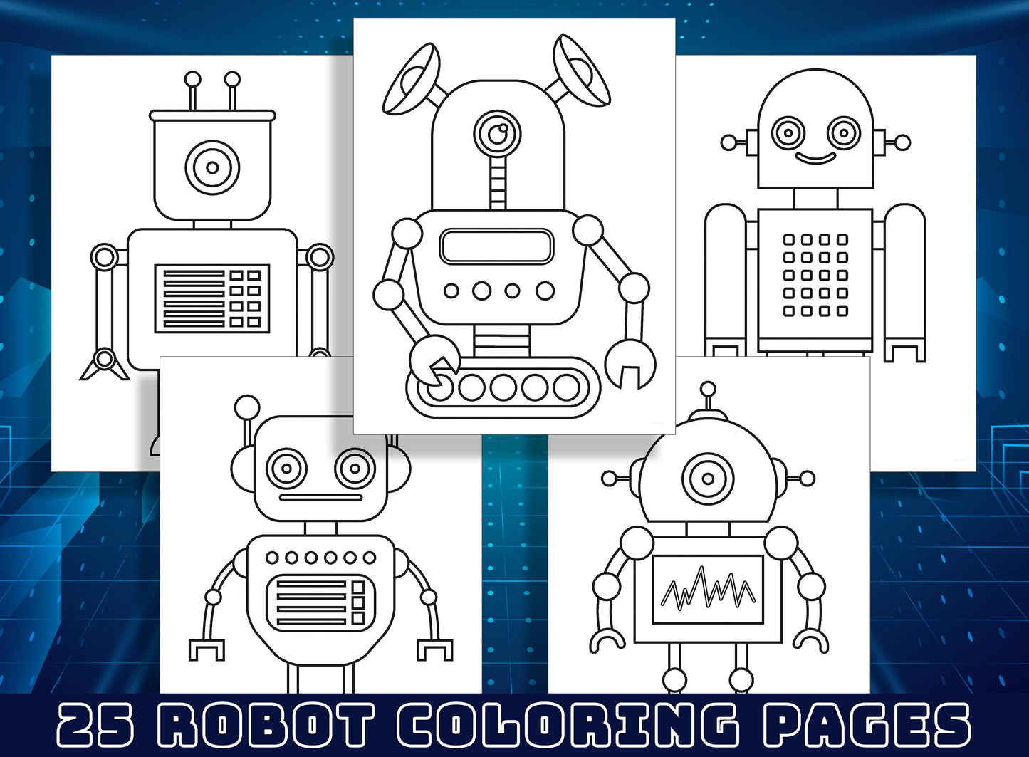 25 Fun Robot Coloring Pages for Preschool and Kindergarten Kids, PDF File, Instant Download
