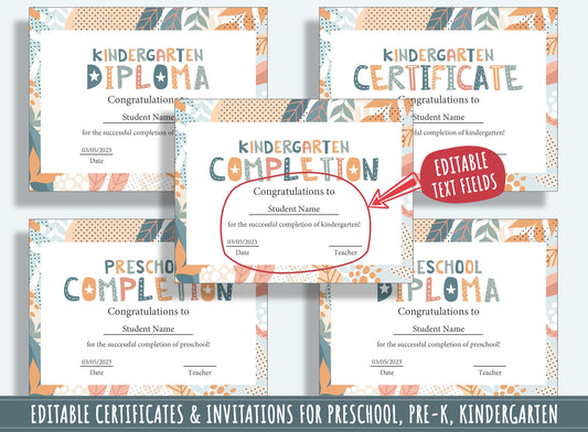 37 Pages of Editable Diploma, Certificate, and Invitation Templates for Preschool and Kindergarten Graduation, PDF File, Instant Download