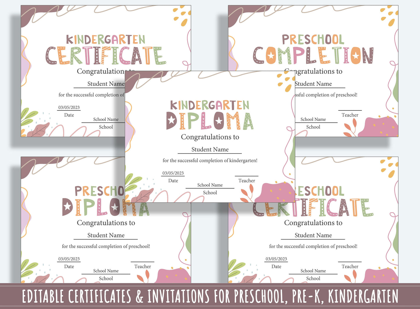 37 Pages of Customizable Diploma, Certificate, and Invitation Templates for Preschool & Kindergarten Graduation, PDF File, Instant Download