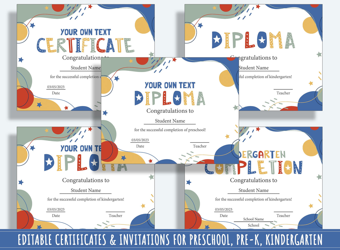 37 Pages of Editable Diploma, Certificate, and Invitation Templates for Kids, Modern Design, PDF File, Instant Download