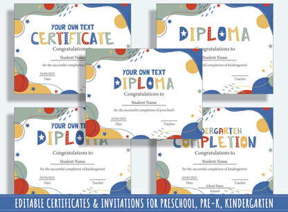 37 Pages of Editable Diploma, Certificate, and Invitation Templates for Kids, Modern Design, PDF File, Instant Download