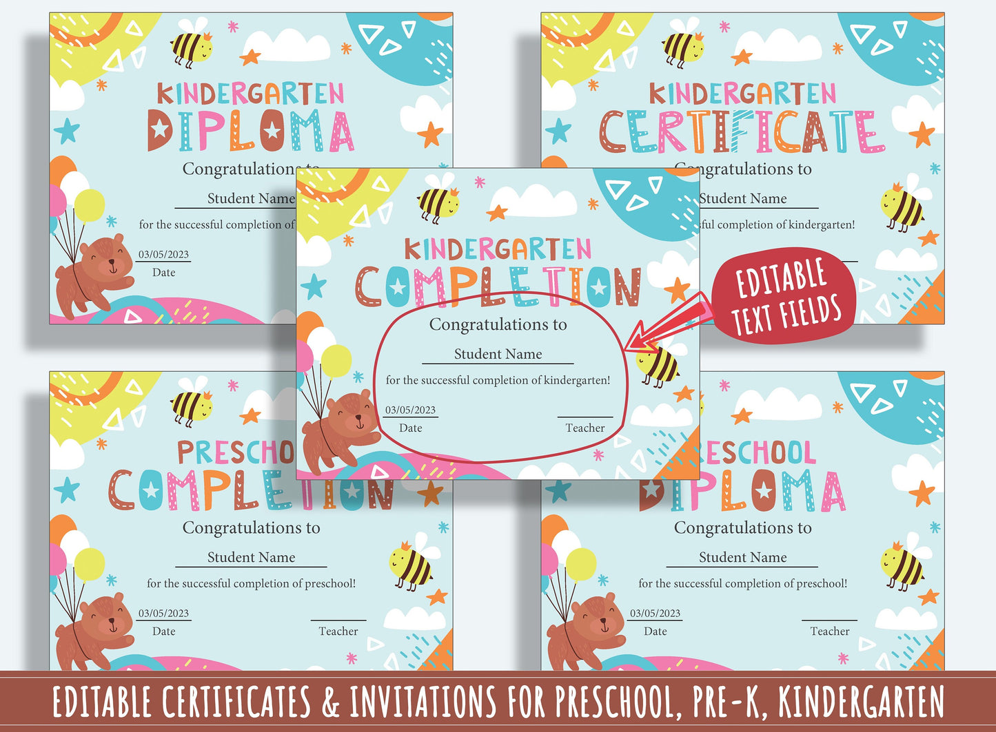 37 Pages of Editable Diploma, Certificate, and Invitation Templates for Preschool and Kindergarten, PDF File, Instant Download