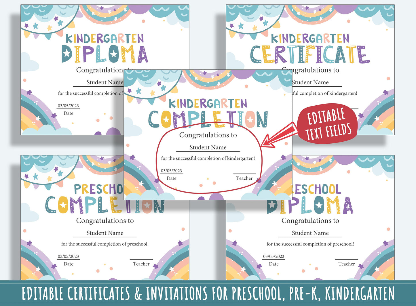 Colors of Success: 37 Pages of Rainbow-themed Diplomas, Certificates, and Invitations for PreK and K, PDF File, Instant Download