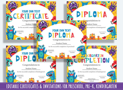 Monstrously Fun Achievements: 37 Pages of Funny Monster-themed Diplomas, Certificates, and Invitations for PreK and K, Instant Download