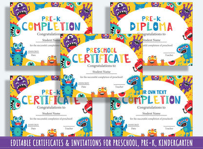 Monstrously Fun Achievements: 37 Pages of Funny Monster-themed Diplomas, Certificates, and Invitations for PreK and K, Instant Download