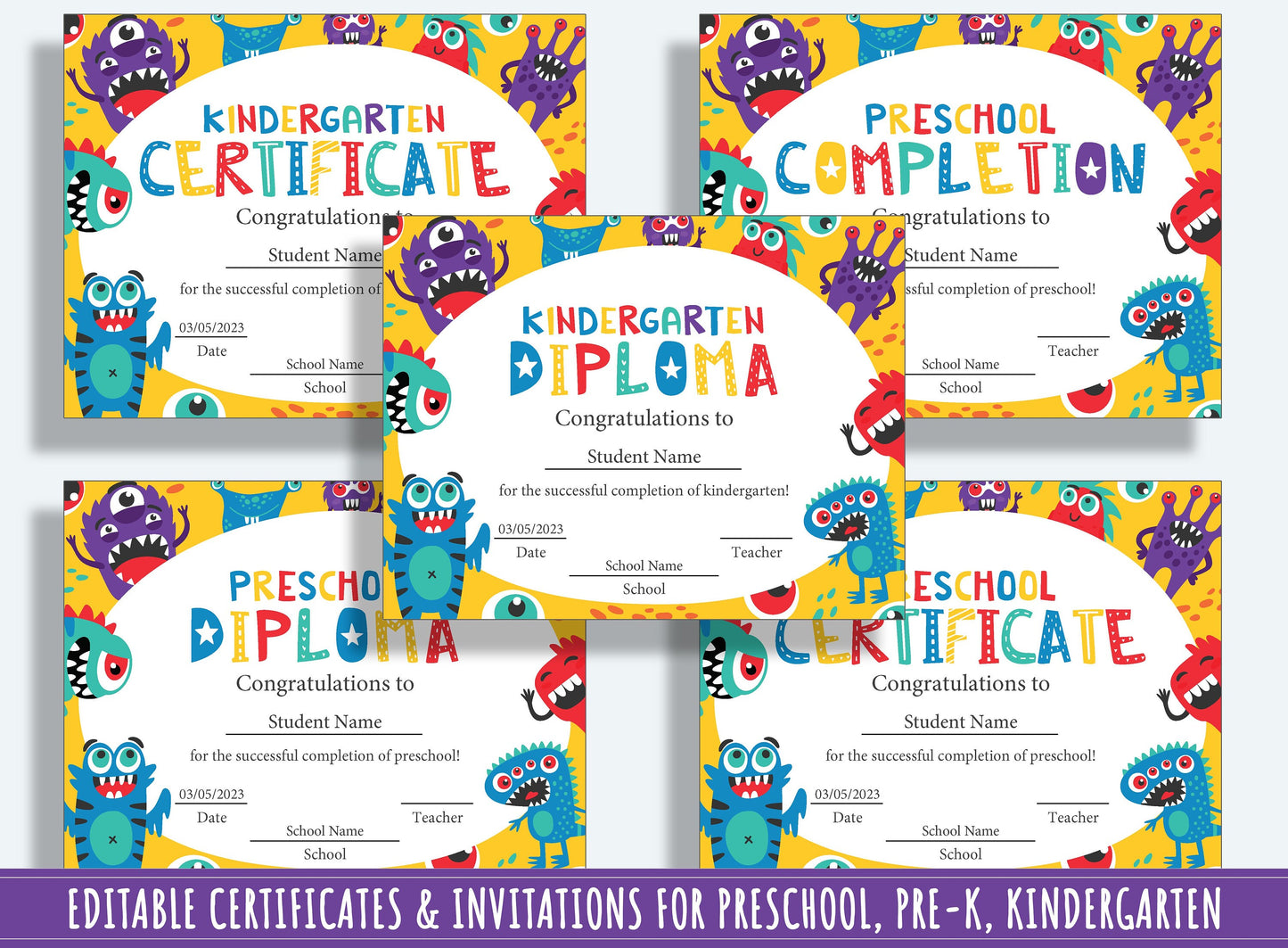 Monstrously Fun Achievements: 37 Pages of Funny Monster-themed Diplomas, Certificates, and Invitations for PreK and K, Instant Download