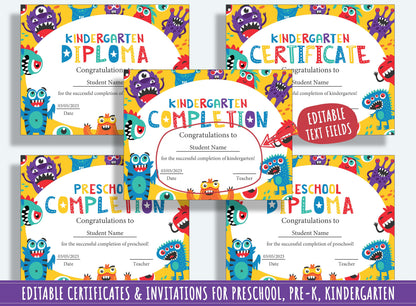 Monstrously Fun Achievements: 37 Pages of Funny Monster-themed Diplomas, Certificates, and Invitations for PreK and K, Instant Download