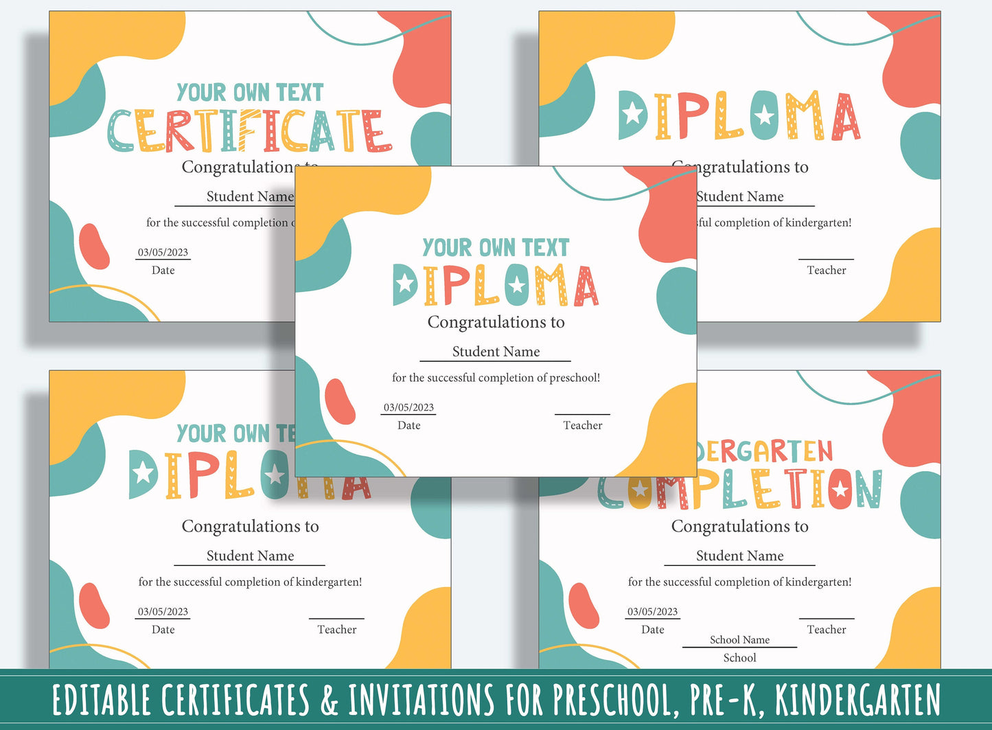 37 Pages of Abstract-themed Diplomas, Certificates, and Invitations for Preschool and Kindergarten, PDF File, Instant Download