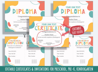 37 Pages of Abstract-themed Diplomas, Certificates, and Invitations for Preschool and Kindergarten, PDF File, Instant Download