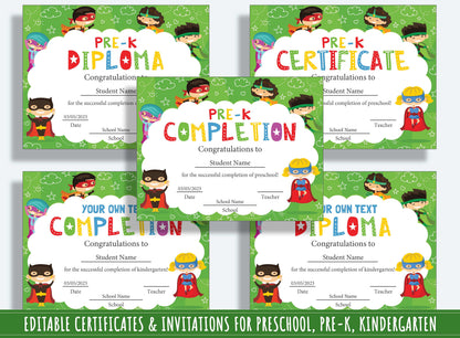 37 Pages of Superhero-themed Diplomas, Certificates, and Invitations for Preschool and Kindergarten, PDF File, Instant Download