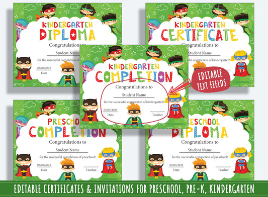 37 Pages of Superhero-themed Diplomas, Certificates, and Invitations for Preschool and Kindergarten, PDF File, Instant Download