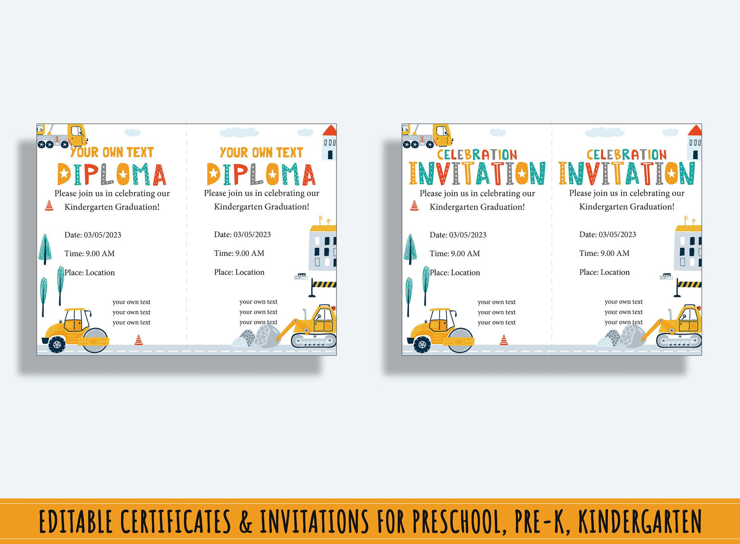 Constructing Success: 37 Editable Pages of Construction-themed Diplomas, Certificates, Invitations for Preschool and Kindergarten, PDF File
