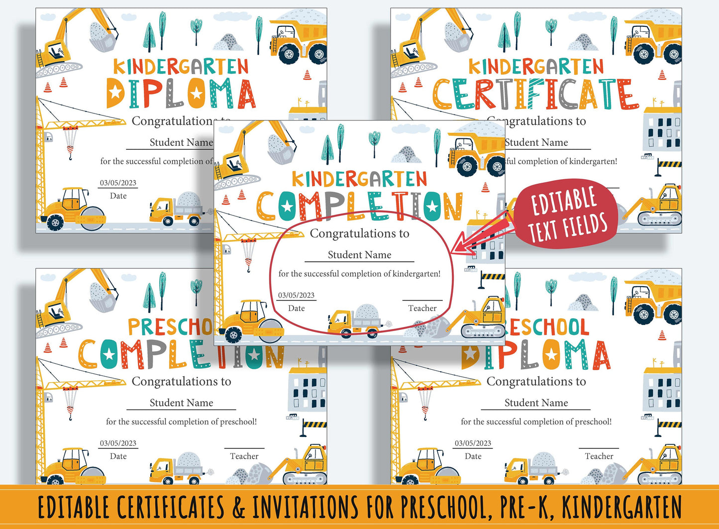 Constructing Success: 37 Editable Pages of Construction-themed Diplomas, Certificates, Invitations for Preschool and Kindergarten, PDF File